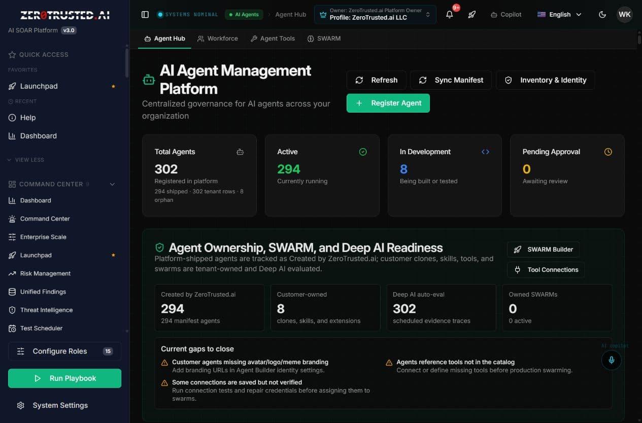 Live AI SOAR Agent Hub showing agent ownership, development status, SWARM readiness, and tool connection gaps